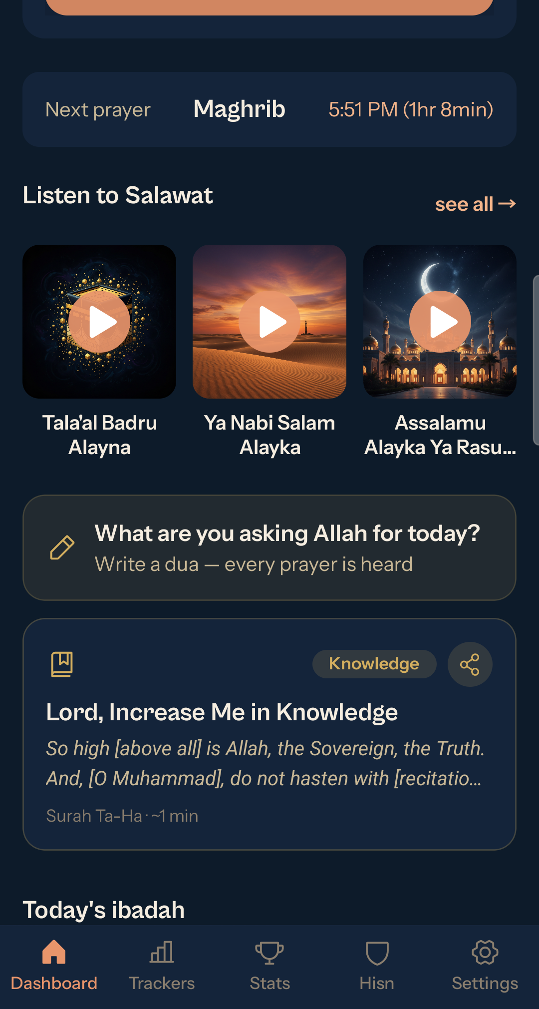 Nafs app dashboard showing salawat, prayer times, daily Quran gem, and ibadah activities