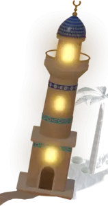 a minaret, lit up at night