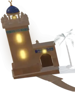 a watchtower, lit up at night